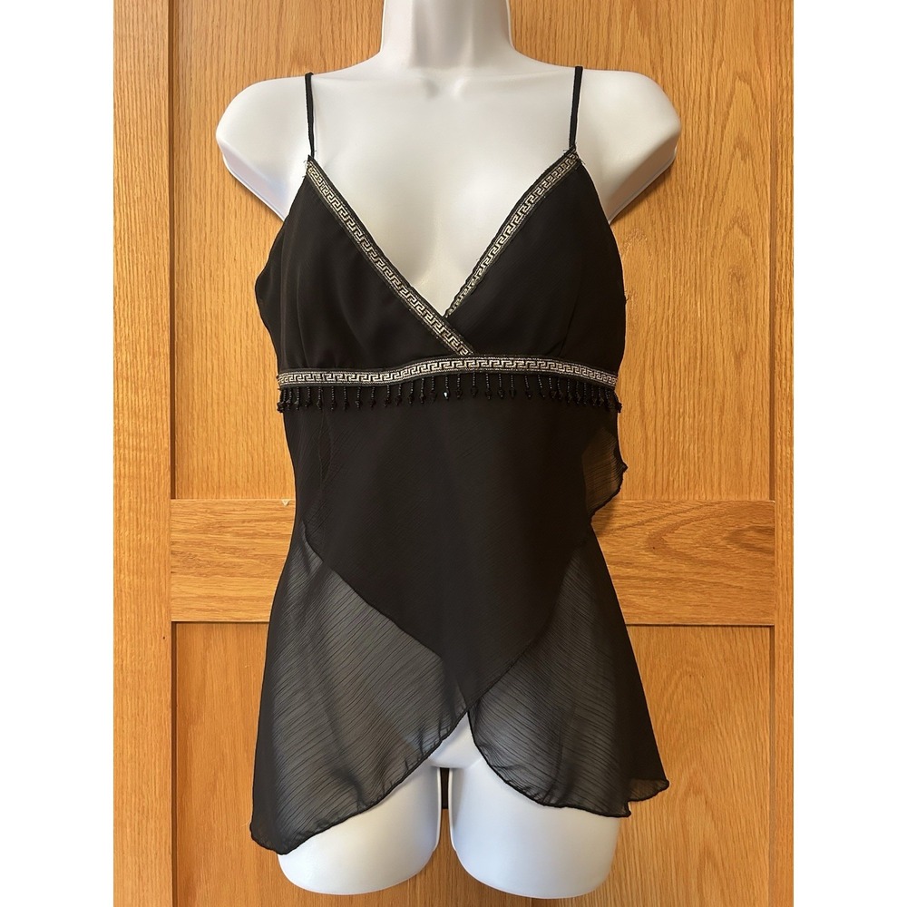 Vintage Y2K Obe Fairycore Black Sheer Asymmetrical Greek Beaded Fringe Tank Top